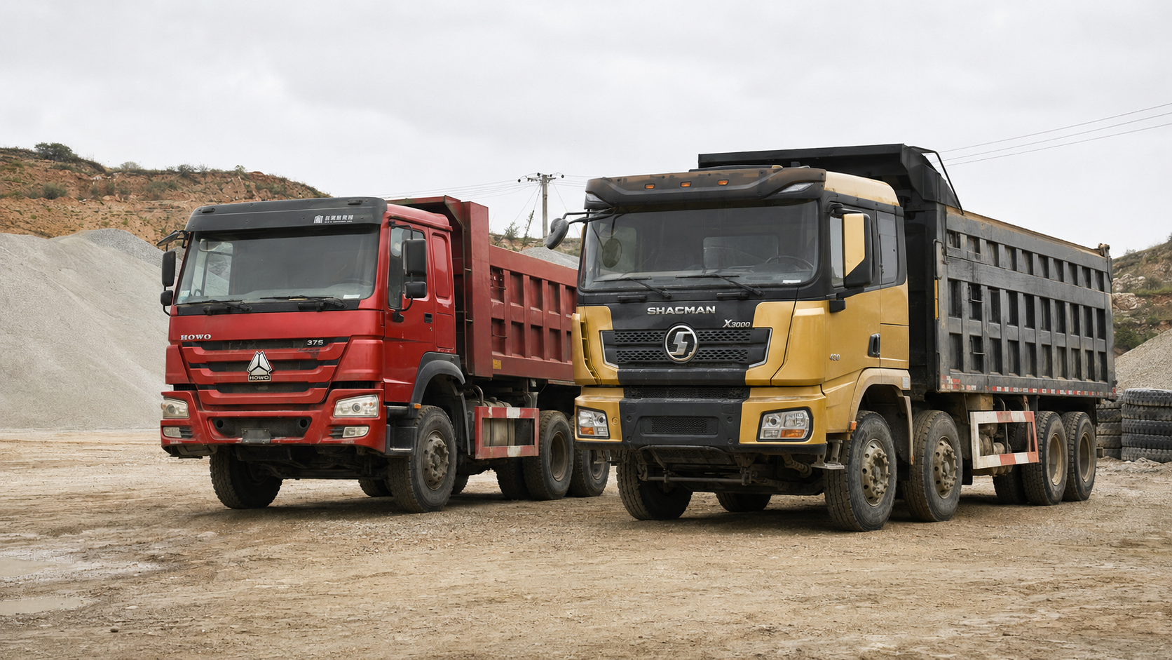 6x4 and 8x4 dump trucks compared at a quarry site
