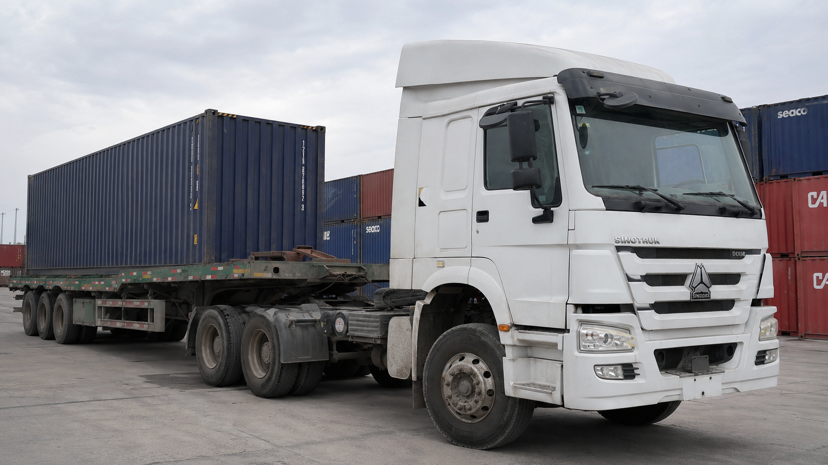 Used HOWO tractor truck matched with a container trailer