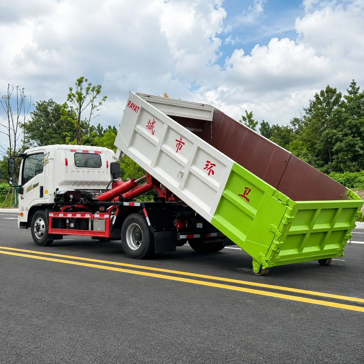 HOWO Hook Lift Garbage Truck 110 / 140 / 160 / 290 / 371HP 5–28CBM Available product display